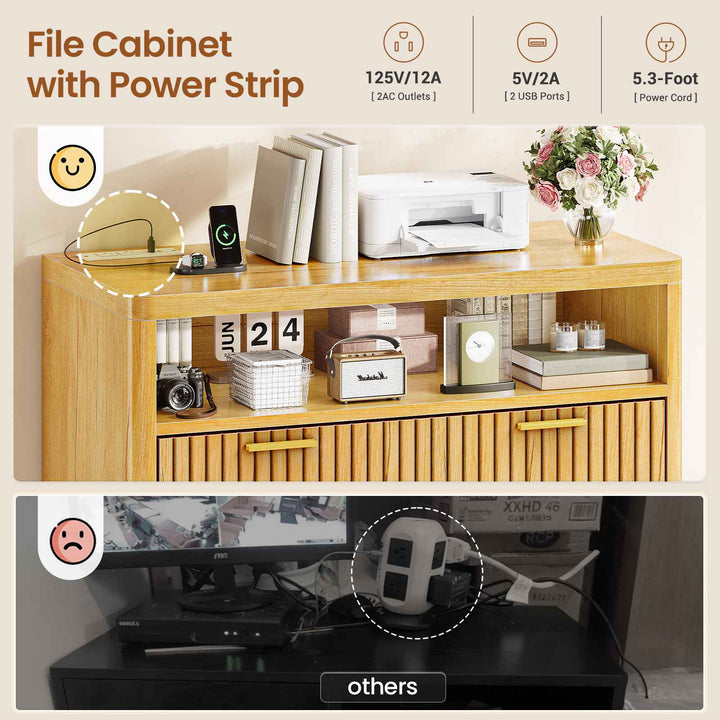 SEDETA | 31.5 Inch Farmhouse Filing Cabinet 2 Drawer Fluted File Cabinet with Power Strip and Printer Stand Fits A4 Size