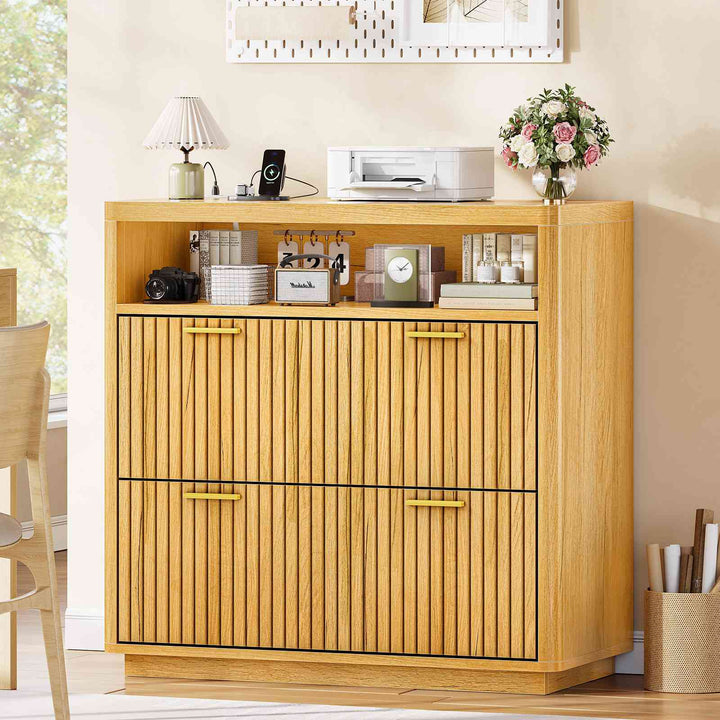 SEDETA | 31.5 Inch Farmhouse Filing Cabinet 2 Drawer Fluted File Cabinet with Power Strip and Printer Stand Fits A4 Size