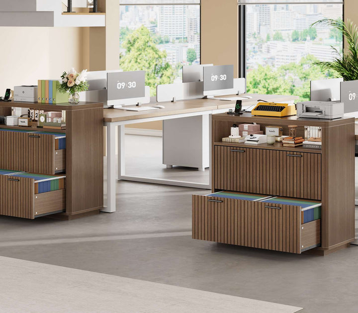 SEDETA | 31.5 Inch Farmhouse Filing Cabinet 2 Drawer Fluted File Cabinet with Power Strip and Printer Stand Fits A4 Size