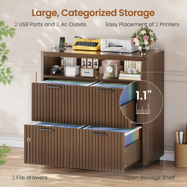 SEDETA | 31.5 Inch Farmhouse Filing Cabinet 2 Drawer Fluted File Cabinet with Power Strip and Printer Stand Fits A4 Size