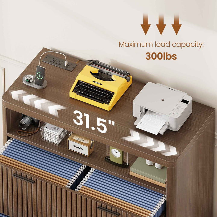 SEDETA | 31.5 Inch Farmhouse Filing Cabinet 2 Drawer Fluted File Cabinet with Power Strip and Printer Stand Fits A4 Size
