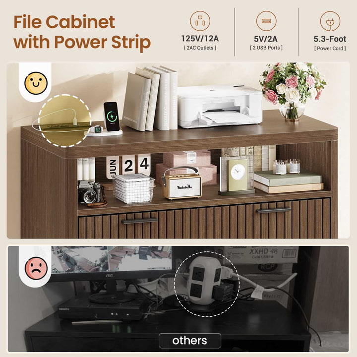 SEDETA | 31.5 Inch Farmhouse Filing Cabinet 2 Drawer Fluted File Cabinet with Power Strip and Printer Stand Fits A4 Size