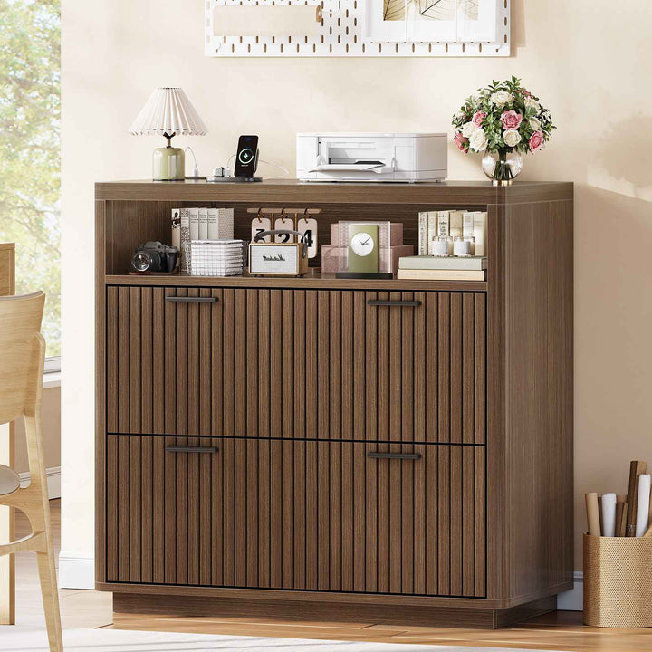 SEDETA | 31.5 Inch Farmhouse Filing Cabinet 2 Drawer Fluted File Cabinet with Power Strip and Printer Stand Fits A4 Size