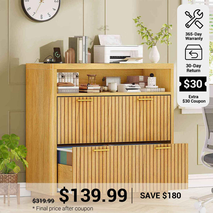SEDETA® 31.5 Inch 2 Drawer Fluted File Cabinet with Printer Stand Power Strip Storage Farmhouse Filing Cabinet Fits Letter/Legal/A4 Size
