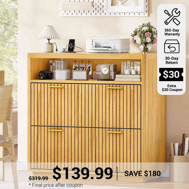 SEDETA® 31.5 Inch 2 Drawer Fluted File Cabinet with Printer Stand Power Strip Storage Farmhouse Filing Cabinet Fits Letter/Legal/A4 Size