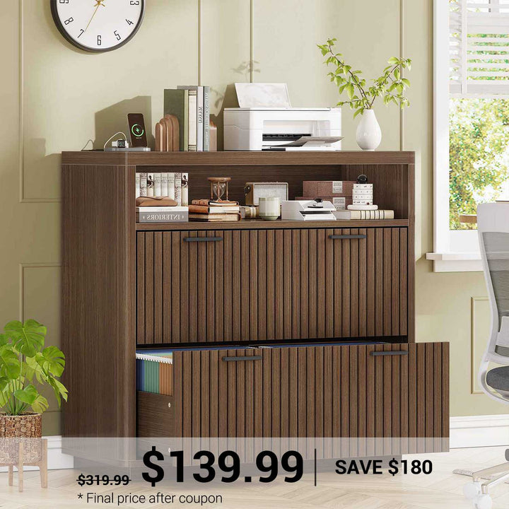 SEDETA | 31.5 Inch Farmhouse Filing Cabinet 2 Drawer Fluted File Cabinet with Power Strip and Printer Stand Fits A4 Size
