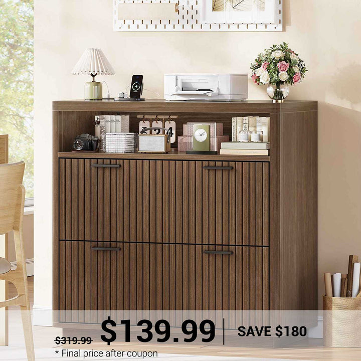 SEDETA | 31.5 Inch Farmhouse Filing Cabinet 2 Drawer Fluted File Cabinet with Power Strip and Printer Stand Fits A4 Size