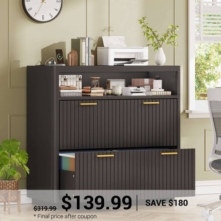 SEDETA | 31.5 Inch Farmhouse Filing Cabinet 2 Drawer Fluted File Cabinet with Power Strip and Printer Stand Fits A4 Size