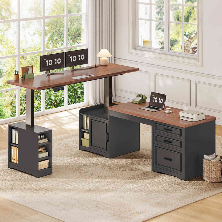 SEDETA 63 Inch L Shaped Electric Standing Desk Height Adjustable Computer Desk Farmhouse with Drawers Shelves and Power Outlet