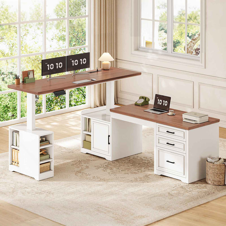 SEDETA 63 Inch L Shaped Electric Standing Desk Height Adjustable Computer Desk Farmhouse with Drawers Shelves and Power Outlet