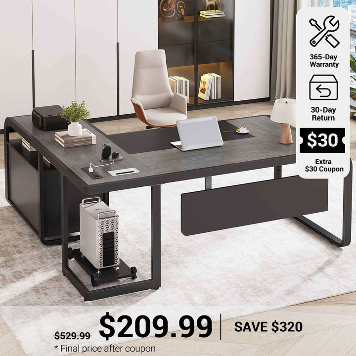 SEDETA® 63 Inch L Shaped Executive Desk with File Cabinet and Storage Drawers for Home Office