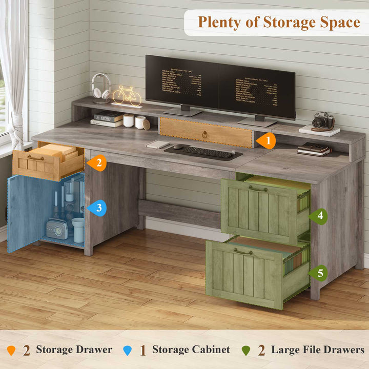 SEDETA® 63 Inch Farmhouse Executive Desk Ergonomic Computer Desk with Drawers Storage Cabinet Monitor Stand