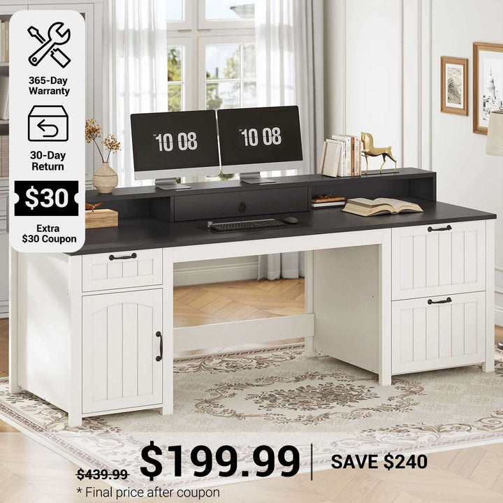 SEDETA 63 Inch Farmhouse Wood Computer Desk Executive Desk with Drawers Storage Cabinet Monitor Stand