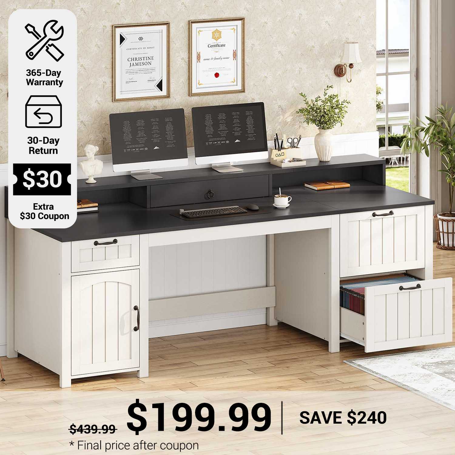 SEDETA 63 Inch Farmhouse Wood Computer Desk Executive Desk with Drawer