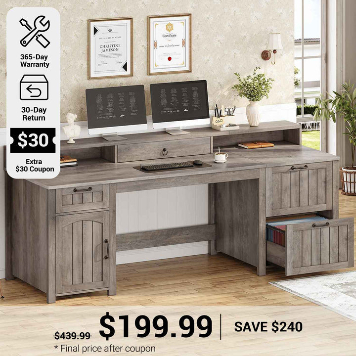 SEDETA 63 Inch Farmhouse Wood Computer Desk Executive Desk with Drawers Storage Cabinet Monitor Stand