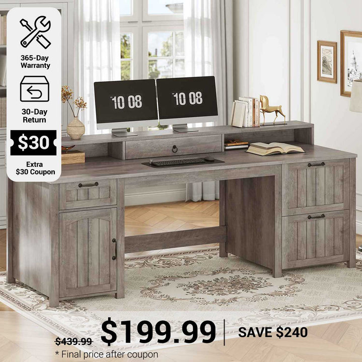 SEDETA 63 Inch Farmhouse Wood Computer Desk Executive Desk with Drawers Storage Cabinet Monitor Stand