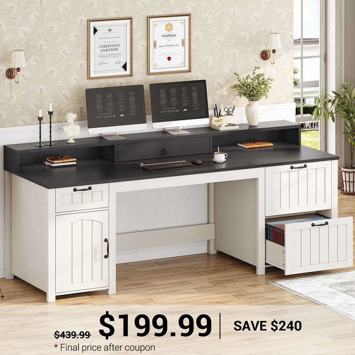 SEDETA 63 Inch Farmhouse Wood Computer Desk Executive Desk with Drawers Storage Cabinet Monitor Stand