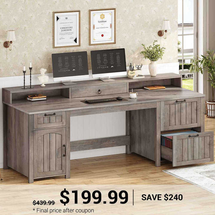 SEDETA 63 Inch Farmhouse Wood Computer Desk Executive Desk with Drawers Storage Cabinet Monitor Stand