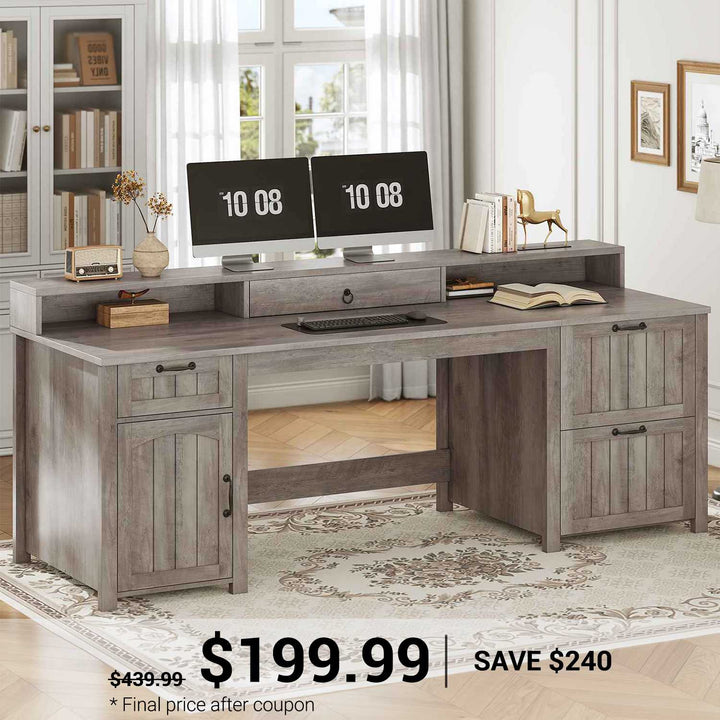 SEDETA 63 Inch Farmhouse Wood Computer Desk Executive Desk with Drawers Storage Cabinet Monitor Stand