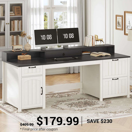 SEDETA | 63 Inch Wood Computer Desk Farmhouse Ergonomic Executive Desk for Home Office with File Drawer and Monitor Stand