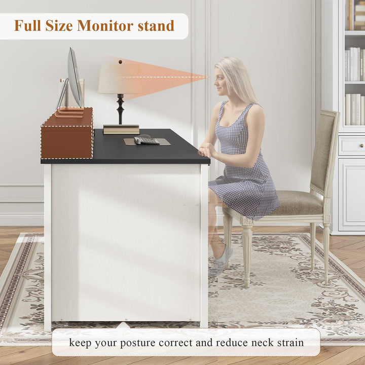 SEDETA® 63 Inch Farmhouse Executive Desk Ergonomic Computer Desk with Drawers Storage Cabinet Monitor Stand