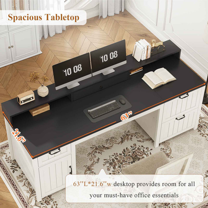 SEDETA® 63 Inch Farmhouse Executive Desk Ergonomic Computer Desk with Drawers Storage Cabinet Monitor Stand