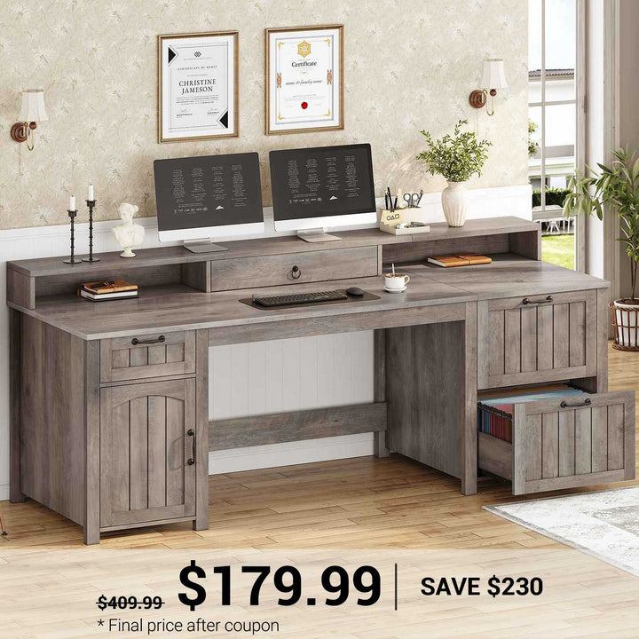 SEDETA® 63 Inch Farmhouse Executive Desk Ergonomic Computer Desk with Drawers Storage Cabinet Monitor Stand