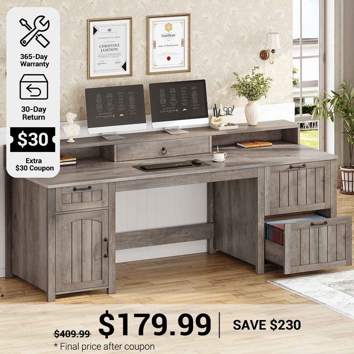 SEDETA® 63 Inch Farmhouse Executive Desk Ergonomic Computer Desk with Drawers Storage Cabinet Monitor Stand