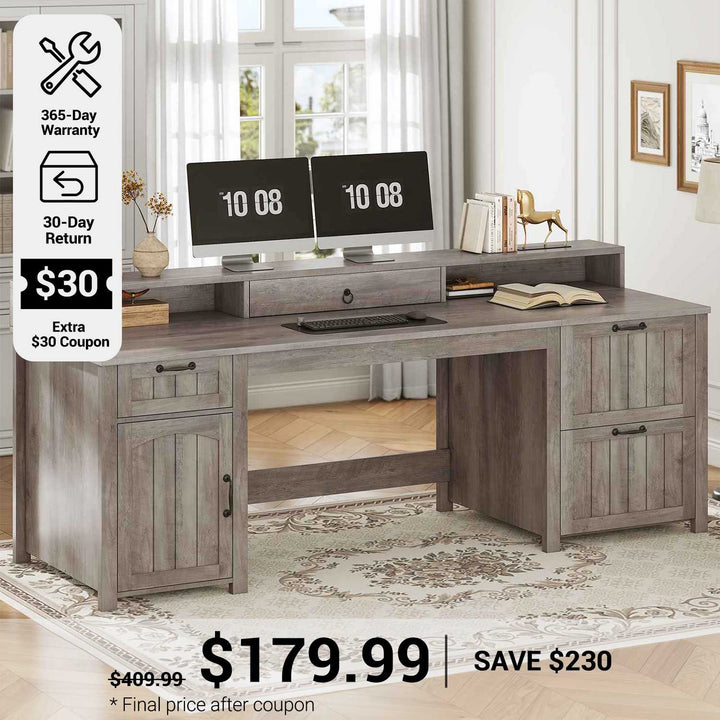 SEDETA® 63 Inch Farmhouse Executive Desk Ergonomic Computer Desk with Drawers Storage Cabinet Monitor Stand