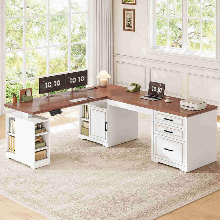 SEDETA 63 Inch L Shaped Electric Standing Desk Height Adjustable Computer Desk Farmhouse with Drawers Shelves and Power Outlet