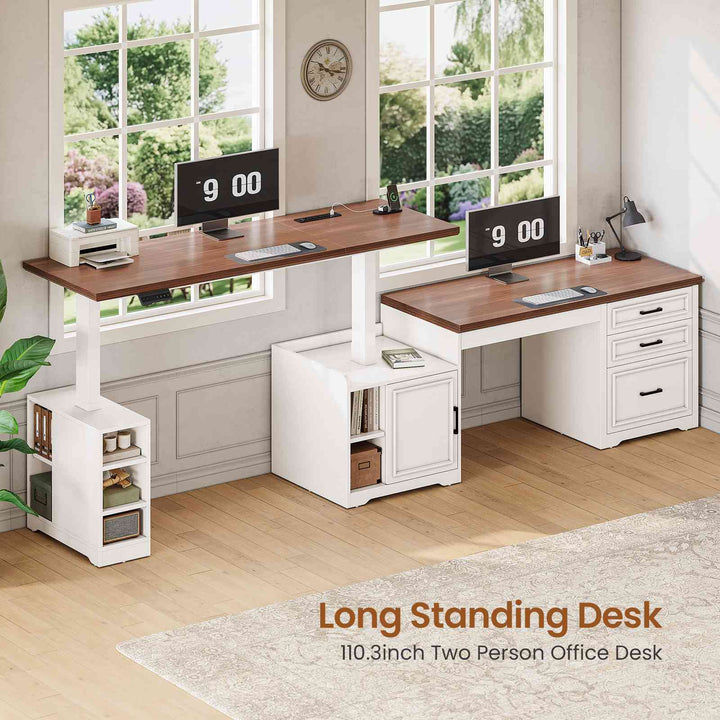SEDETA 63 Inch L Shaped Electric Standing Desk Height Adjustable Computer Desk Farmhouse with Drawers Shelves and Power Outlet