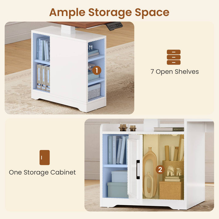 SEDETA 63 Inch L Shaped Electric Standing Desk Height Adjustable Computer Desk Farmhouse with Drawers Shelves and Power Outlet
