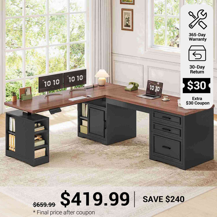 SEDETA 63 Inch L Shaped Electric Standing Desk Height Adjustable Computer Desk Farmhouse with Drawers Shelves and Power Outlet