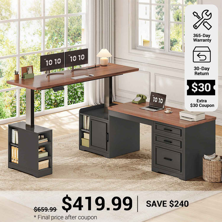 SEDETA 63 Inch L Shaped Electric Standing Desk Height Adjustable Computer Desk Farmhouse with Drawers Shelves and Power Outlet