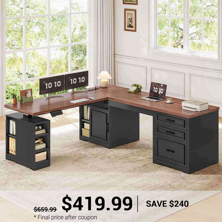 SEDETA 63 Inch L Shaped Electric Standing Desk Height Adjustable Computer Desk Farmhouse with Drawers Shelves and Power Outlet