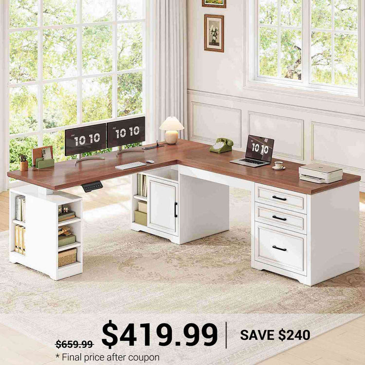 SEDETA 63 Inch L Shaped Electric Standing Desk Height Adjustable Computer Desk Farmhouse with Drawers Shelves and Power Outlet