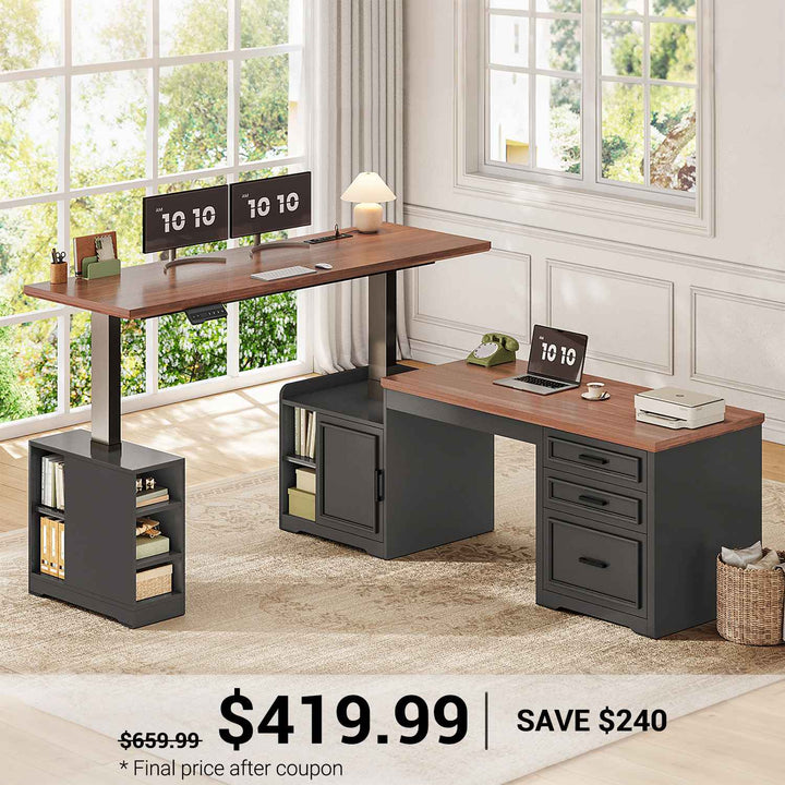 SEDETA 63 Inch L Shaped Electric Standing Desk Height Adjustable Computer Desk Farmhouse with Drawers Shelves and Power Outlet