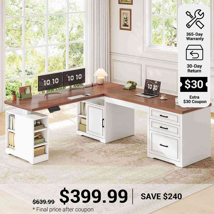 SEDETA® 63 Inch Electric Standing Desk Farmhouse Height Adjustable L Shaped Reversible 110 Inch Two Person Executive Computer Long Desk with Drawers