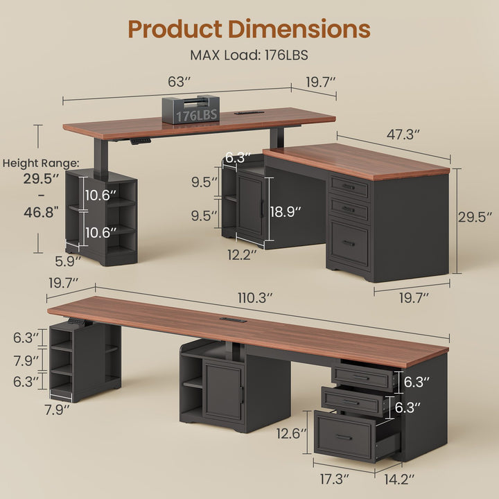 SEDETA 63 Inch L Shaped Electric Standing Desk Height Adjustable Computer Desk Farmhouse with Drawers Shelves and Power Outlet