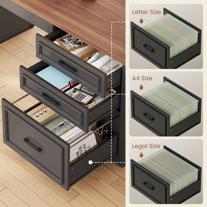 SEDETA 63 Inch L Shaped Electric Standing Desk Height Adjustable Computer Desk Farmhouse with Drawers Shelves and Power Outlet