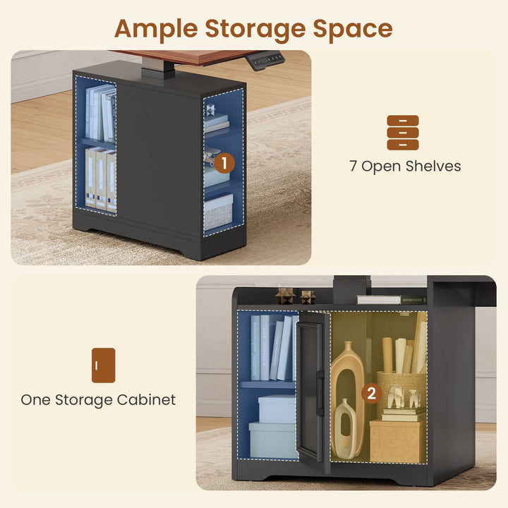 SEDETA 63 Inch L Shaped Electric Standing Desk Height Adjustable Computer Desk Farmhouse with Drawers Shelves and Power Outlet