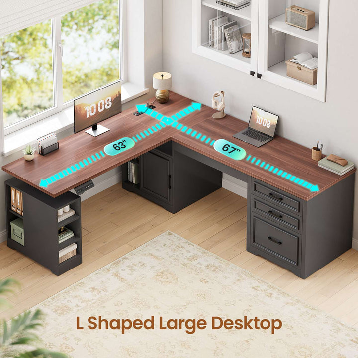 SEDETA 63 Inch L Shaped Electric Standing Desk Height Adjustable Computer Desk Farmhouse with Drawers Shelves and Power Outlet