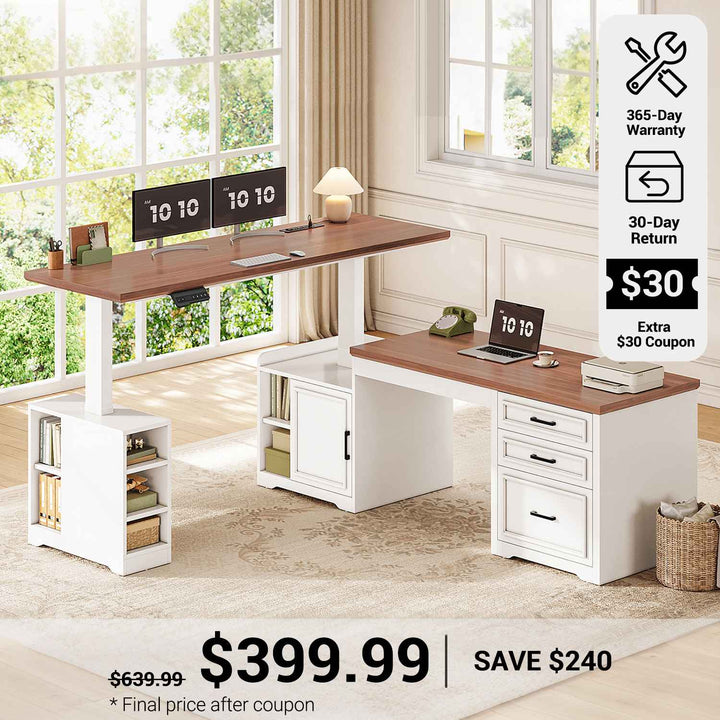 SEDETA® 63 Inch Electric Standing Desk Farmhouse Height Adjustable L Shaped Reversible 110 Inch Two Person Executive Computer Long Desk with Drawers