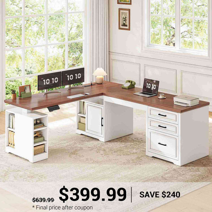 SEDETA® 63 Inch Electric Standing Desk Farmhouse Height Adjustable L Shaped Reversible 110 Inch Two Person Executive Computer Long Desk with Drawers