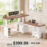 SEDETA | 63 Inch Farmhouse Electric Standing Desk Height Adjustable L Shaped Office Computer Desk with Drawers Shelves and Power Outlet