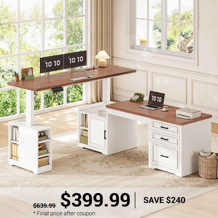 SEDETA® 63 Inch Electric Standing Desk Farmhouse Height Adjustable L Shaped Reversible 110 Inch Two Person Executive Computer Long Desk with Drawers