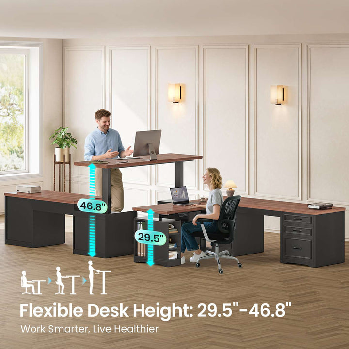 SEDETA 63 Inch L Shaped Electric Standing Desk Height Adjustable Computer Desk Farmhouse with Drawers Shelves and Power Outlet