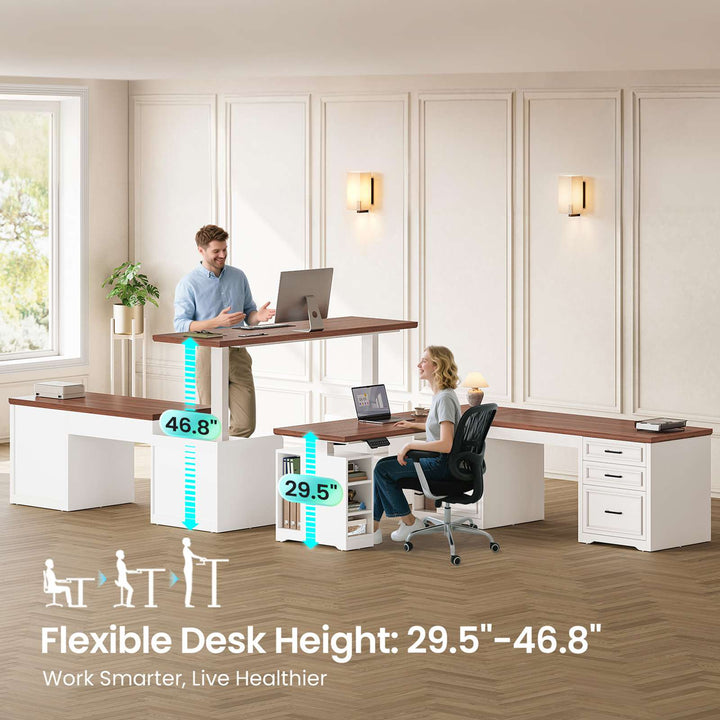 SEDETA 63 Inch L Shaped Electric Standing Desk Height Adjustable Computer Desk Farmhouse with Drawers Shelves and Power Outlet