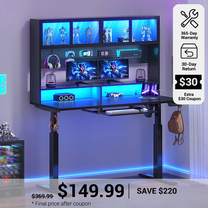 SEDETA 55 Inch Standing Desk Electric Height Adjustable Sit Stand Up Gaming Desk with Led Lights Power Outlet Storage Hutch and Pegboard