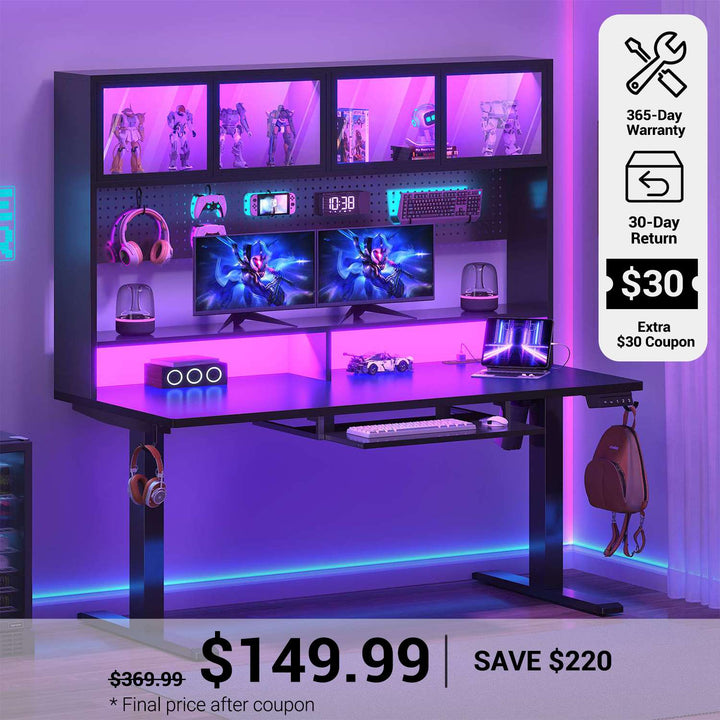 SEDETA 55 Inch Standing Desk Electric Height Adjustable Sit Stand Up Gaming Desk with Led Lights Power Outlet Storage Hutch and Pegboard